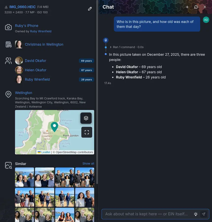 The chat drawer beside the photo's details, answering who is in the picture: David Okafor, 69, Helen Okafor, 67, and Ruby Wrenfield, 26