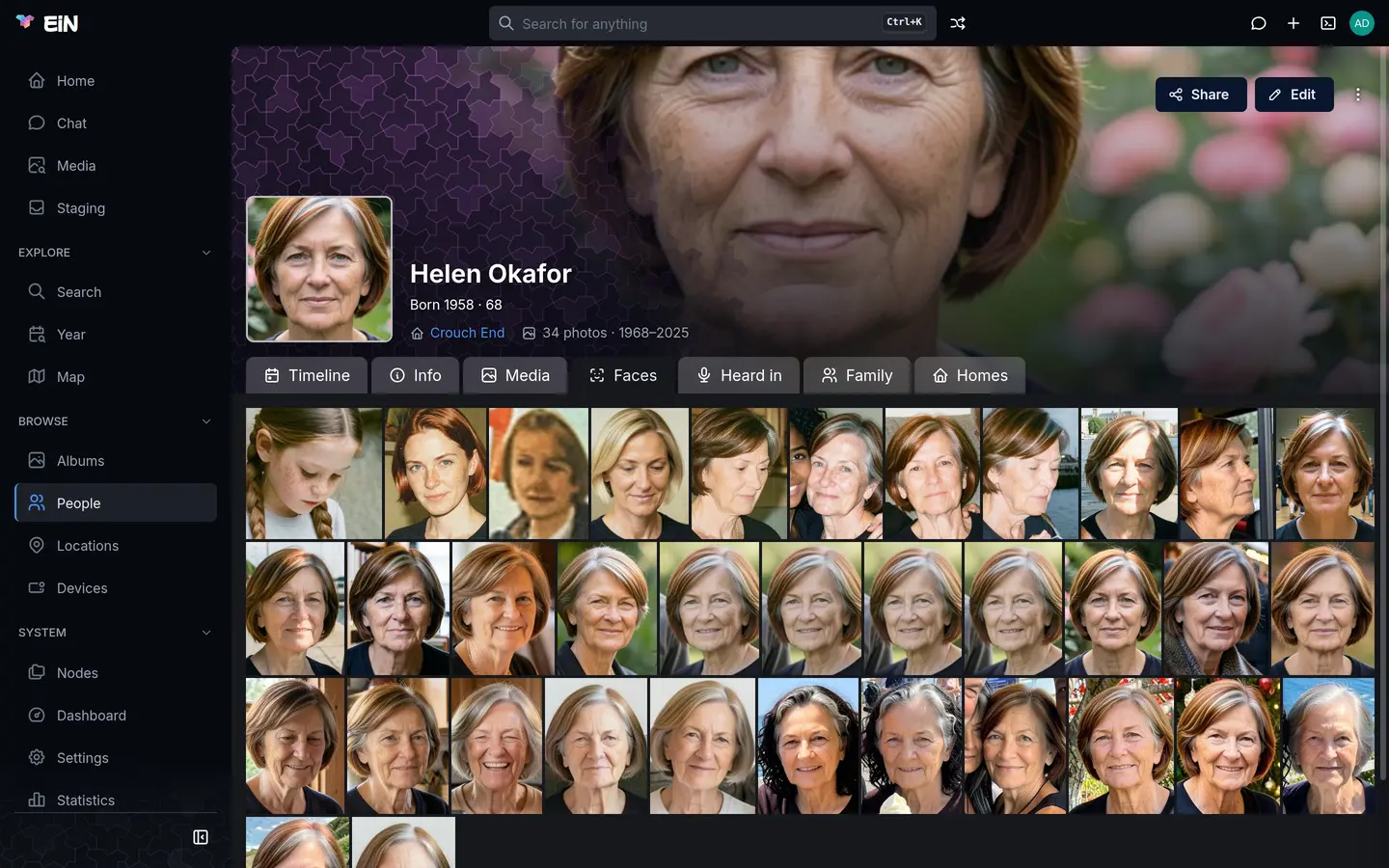 Helen Okafor's Faces tab: dozens of face crops of one woman, from a child to her sixties