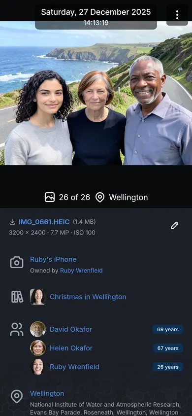 The Wellington photo of Ruby, Helen and David in the viewer on a phone, with the phone that took it, the album and the people's ages below it