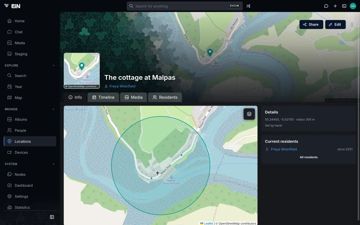 The place The cottage at Malpas: a circle on the map, and its current resident