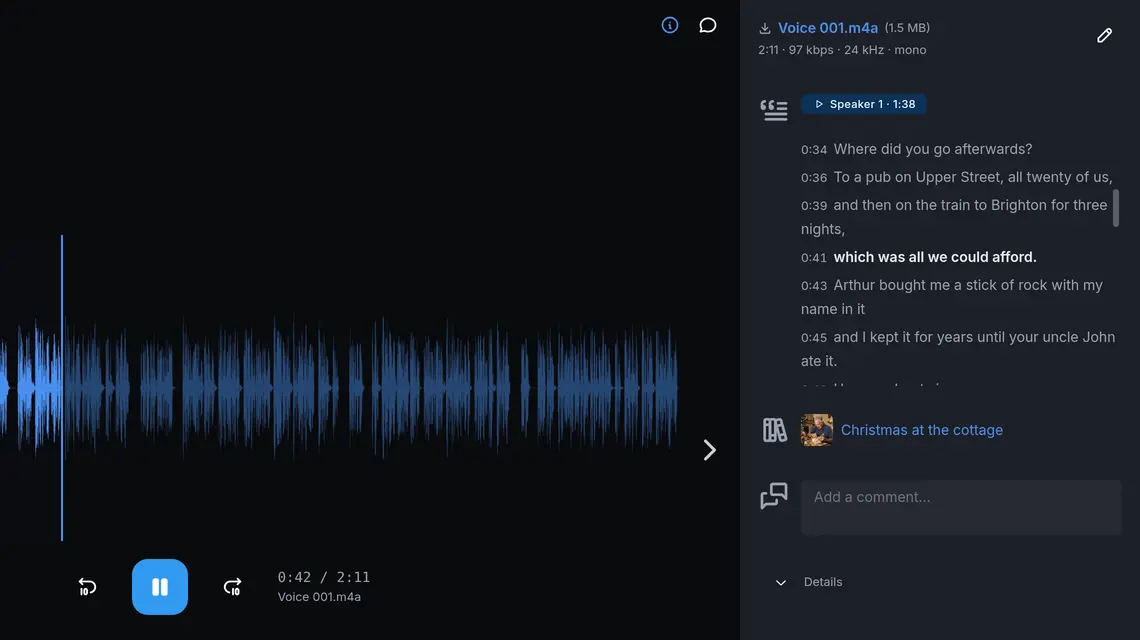 A recording in the viewer: a waveform with the playhead, and beside it the transcript with a timestamp on every line and a speaker label