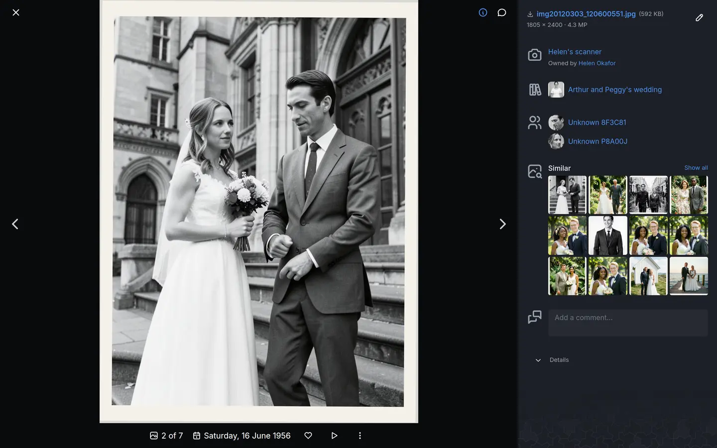 A black-and-white wedding photo from 1956 in the viewer, dated Saturday 16 June 1956, scanned with Helen's scanner