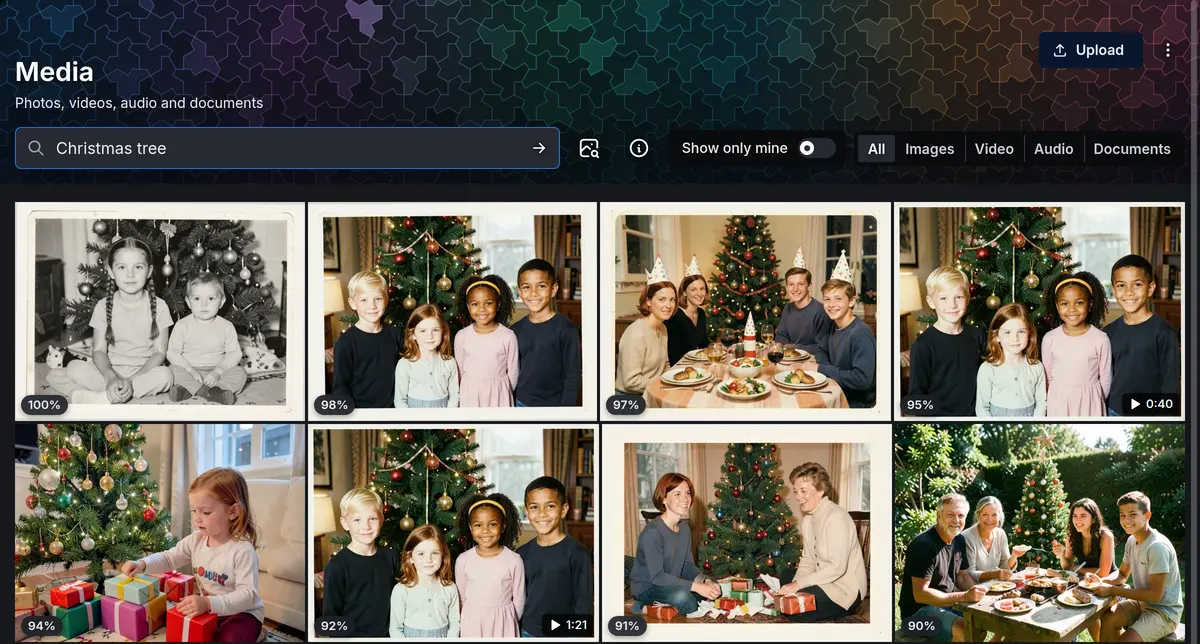 The Media page searched for Christmas tree: a black-and-white print of two children by a tree, then family Christmases in colour and two video moments, each with its match in percent