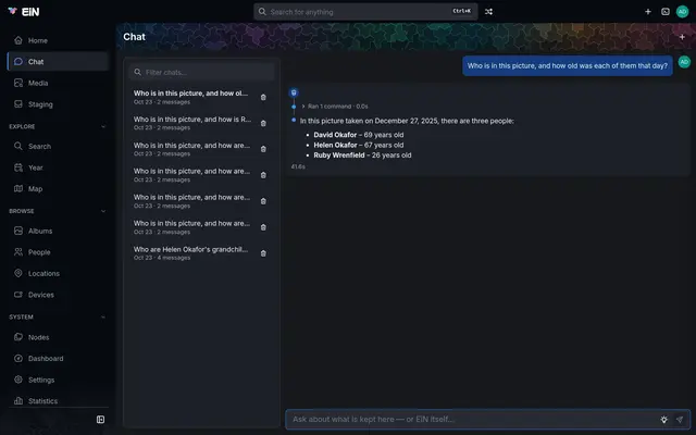 The Chat page: a list of conversations and an answer naming three people and their ages
