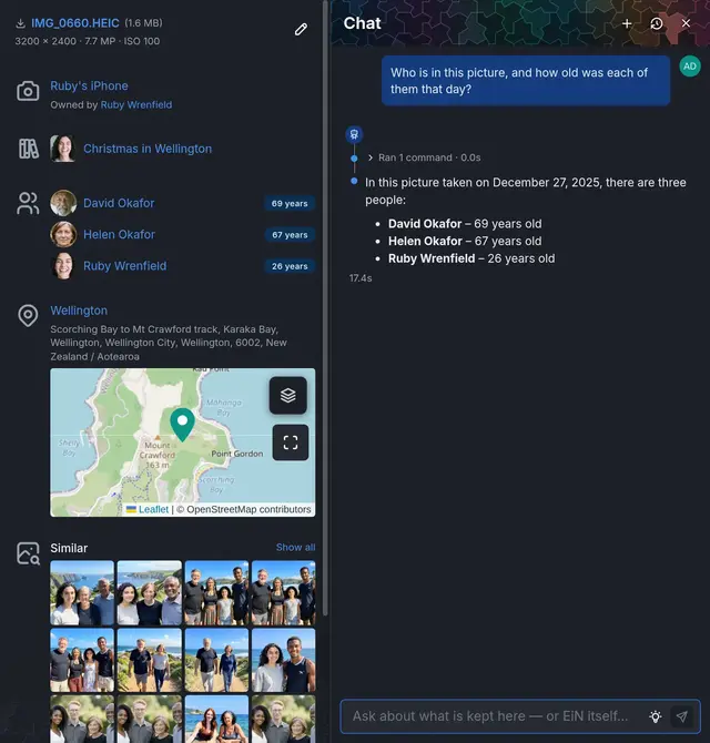 The chat drawer beside a photo, answering who is in it and how old each was