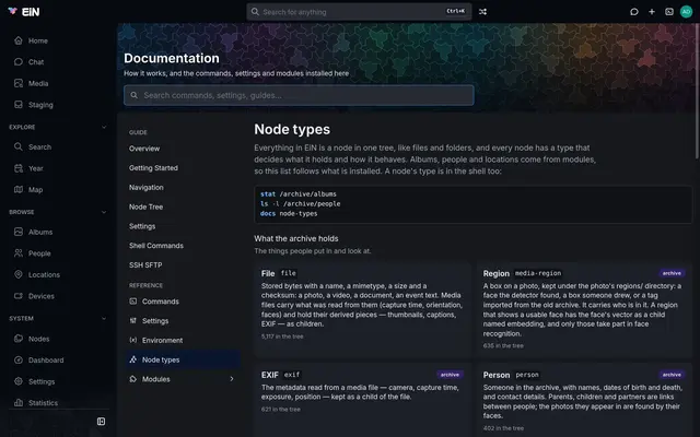 The node types page: file, region, EXIF and person, each with what it holds and how many are in the tree