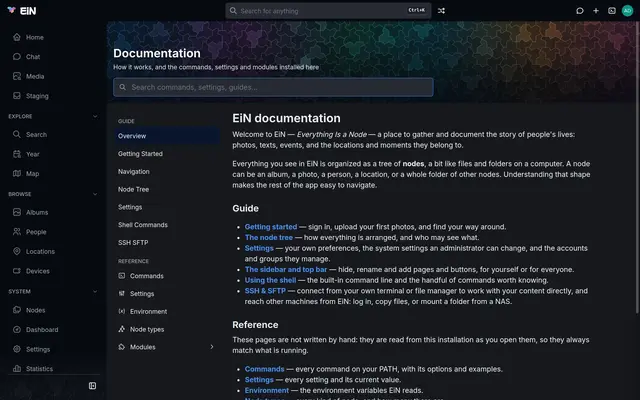 The documentation's overview page with its guide and reference sections