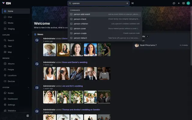The finder open over the home page, listing commands that begin with person and what each one does