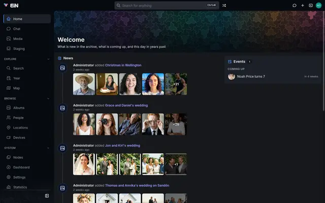 The home page: a news feed of albums added, each with its first pictures, and a birthday coming up