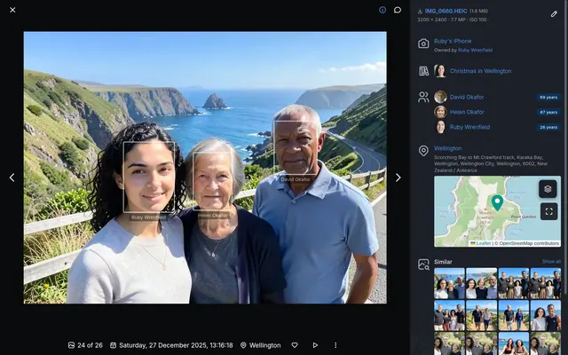 A photo of three people near Wellington, with the device, album, people with their ages, address and a small map beside it