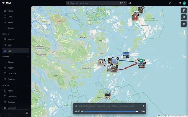 A map of the Stockholm archipelago with GPS tracks and clusters of photos