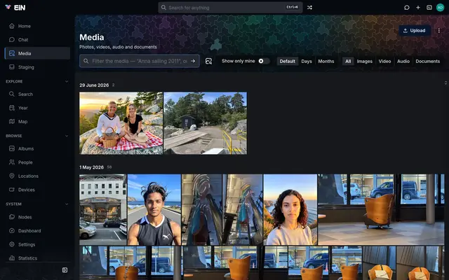 The Media page: pictures grouped by date, with filters for images, video, audio and documents