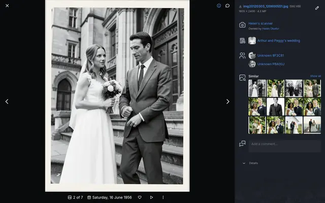 A black-and-white wedding photo from 1956 in the viewer