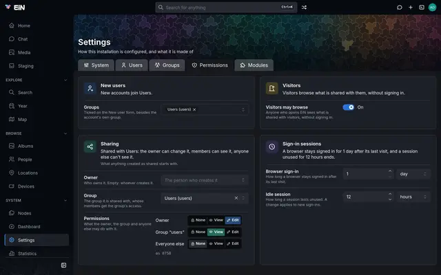 The Permissions tab: new users, visitors, sharing defaults and sign-in sessions