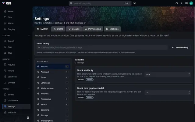 The Settings page on the Albums category, with stack similarity and stack time gap