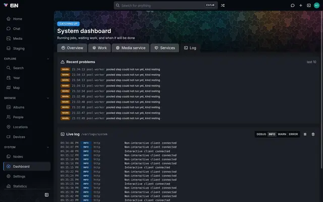 The Log tab: no recent problems, and a live log of HTTP connections