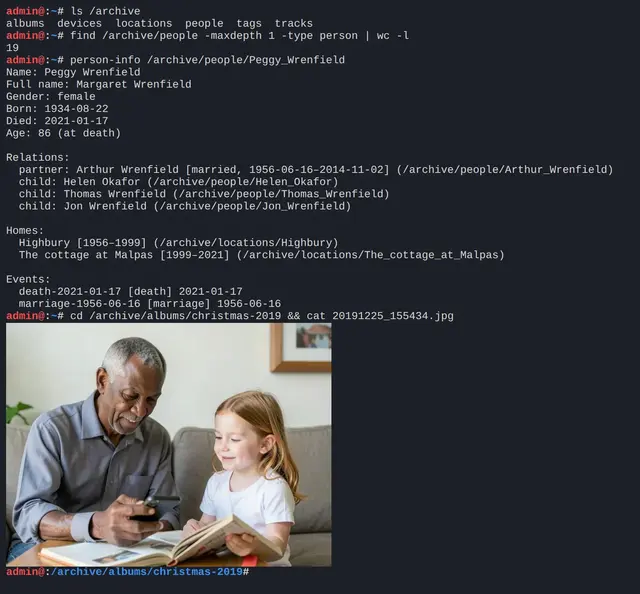 The terminal pane listing the archive, counting its people, showing one person's relations and a photo inline